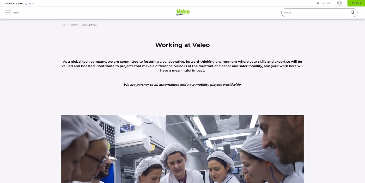 Screenshot of the official career page of Valeo
