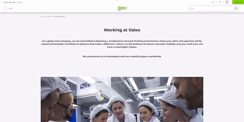 Screenshot of the official career page of Valeo