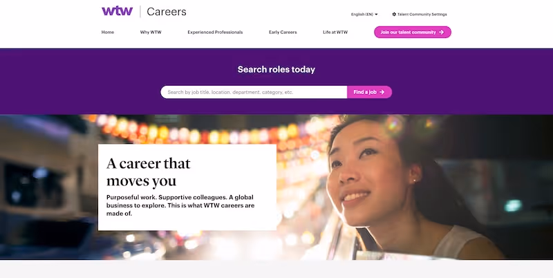 Screenshot of the official career page of Willis Towers Watson