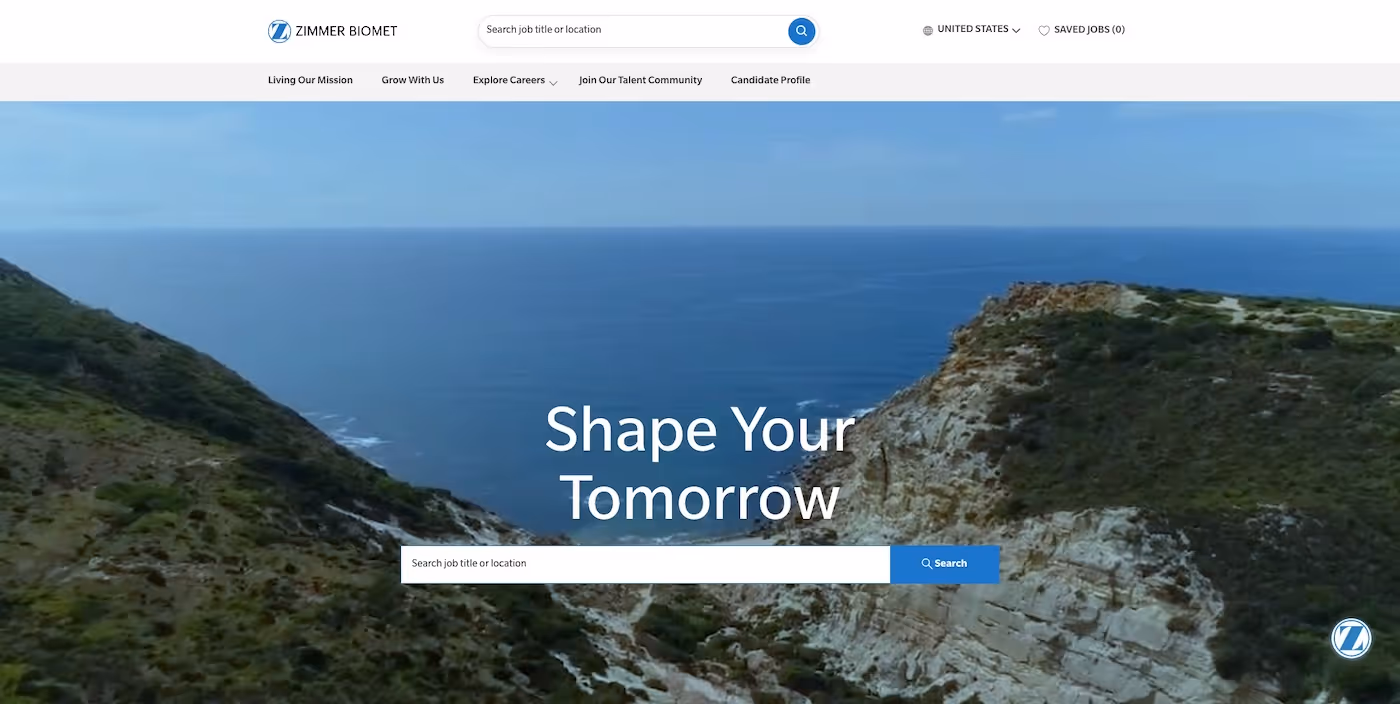Screenshot of the official career page of Zimmer Biomet