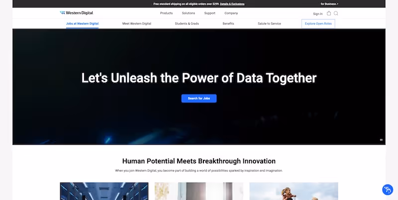Screenshot of the official career page of Western Digital