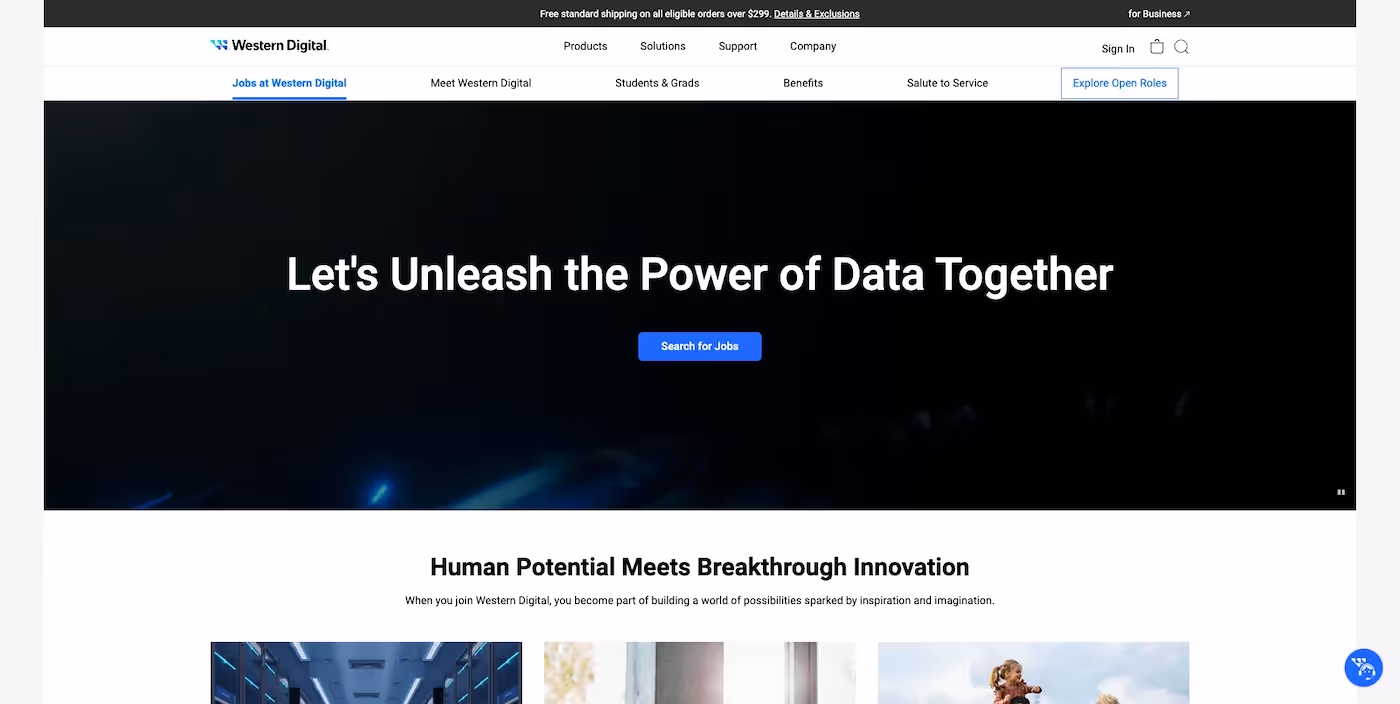 Screenshot of the official career page of Western Digital