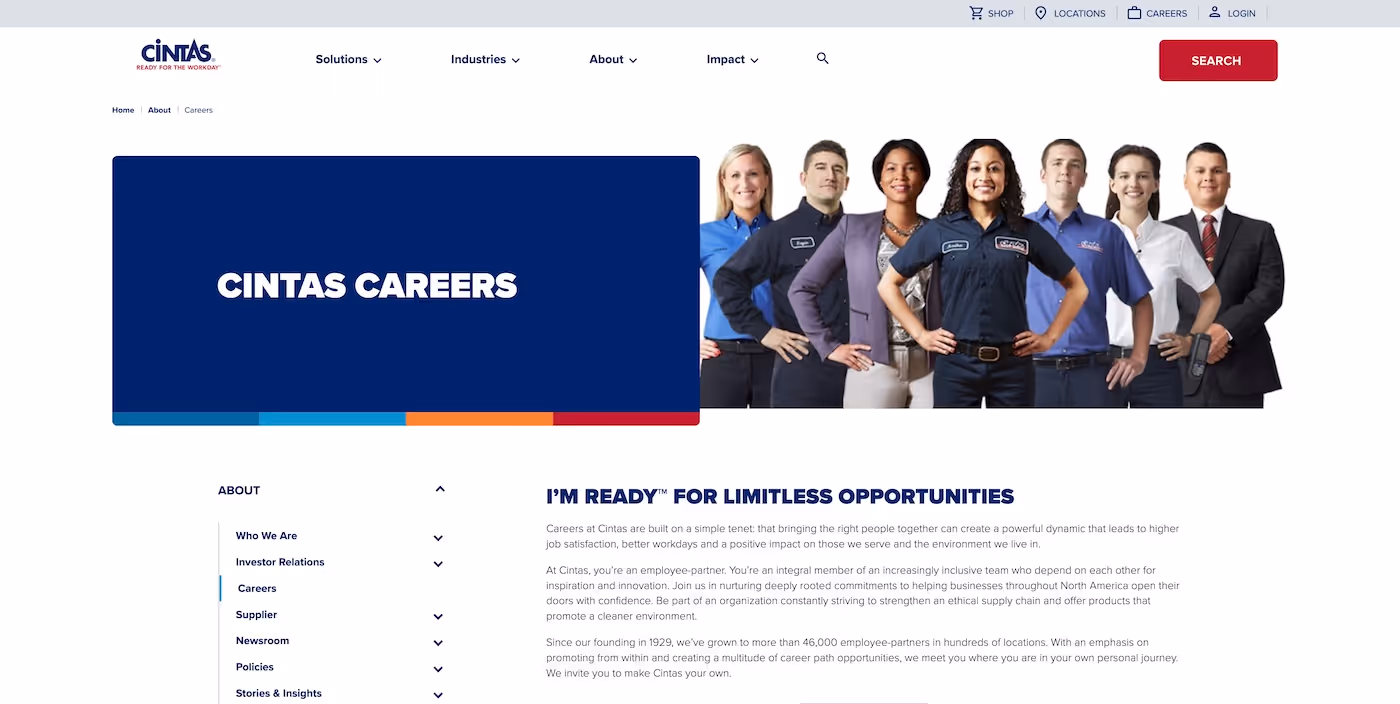 Screenshot of the official career page of Cintas