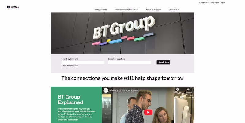 Screenshot of the official career page of BT Group