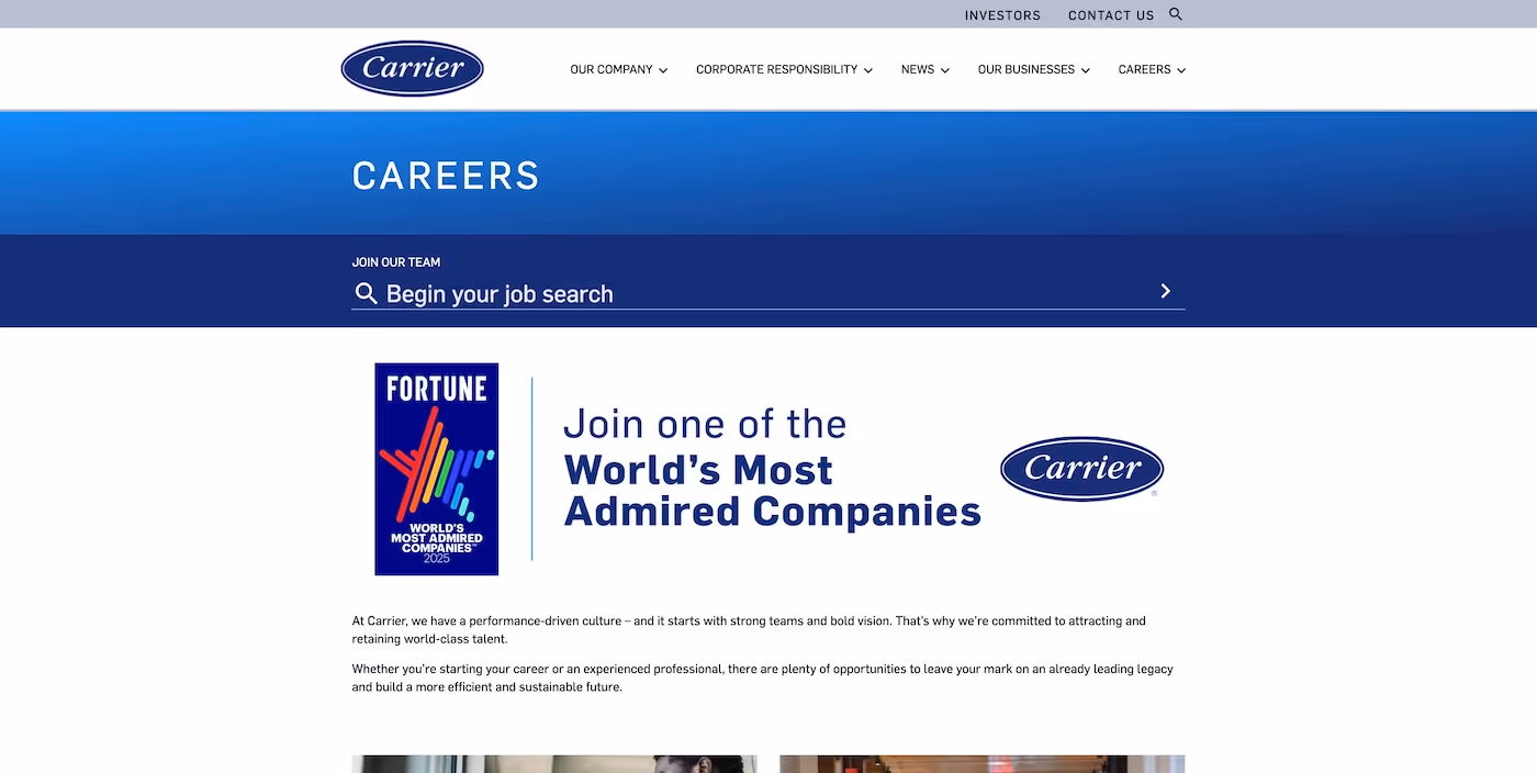 Screenshot of the official career page of Carrier