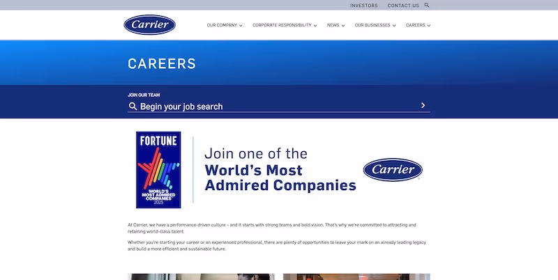 Screenshot of the official career page of Carrier