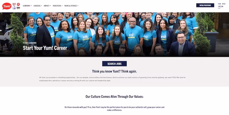 Screenshot of the official career page of Yum Brands