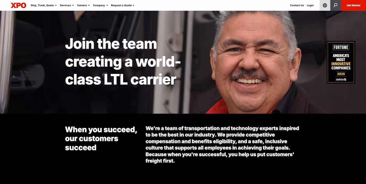 Screenshot of the official career page of XPO
