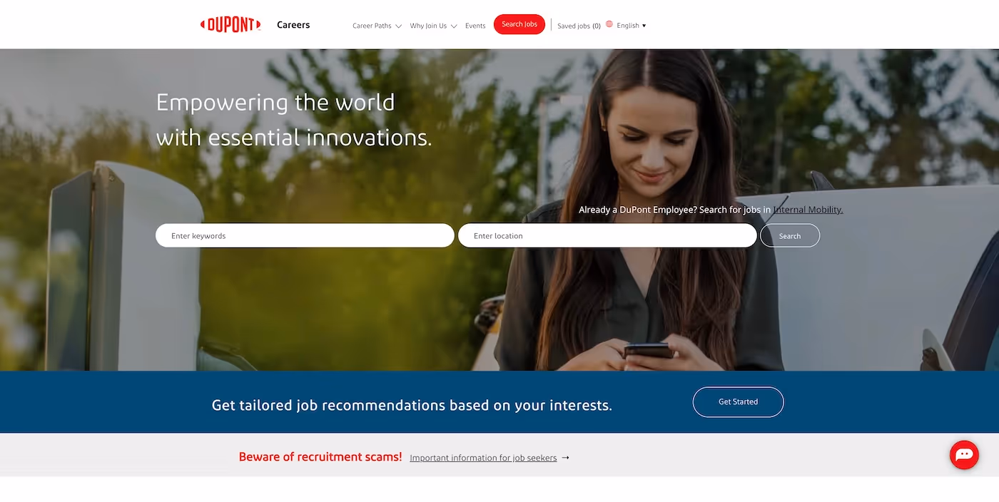 Screenshot of the official career page of DuPont