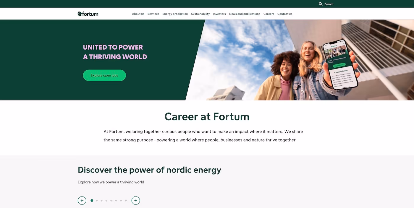 Screenshot of the official career page of Fortum