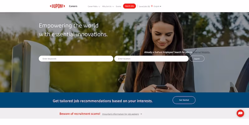 Screenshot of the official career page of DuPont