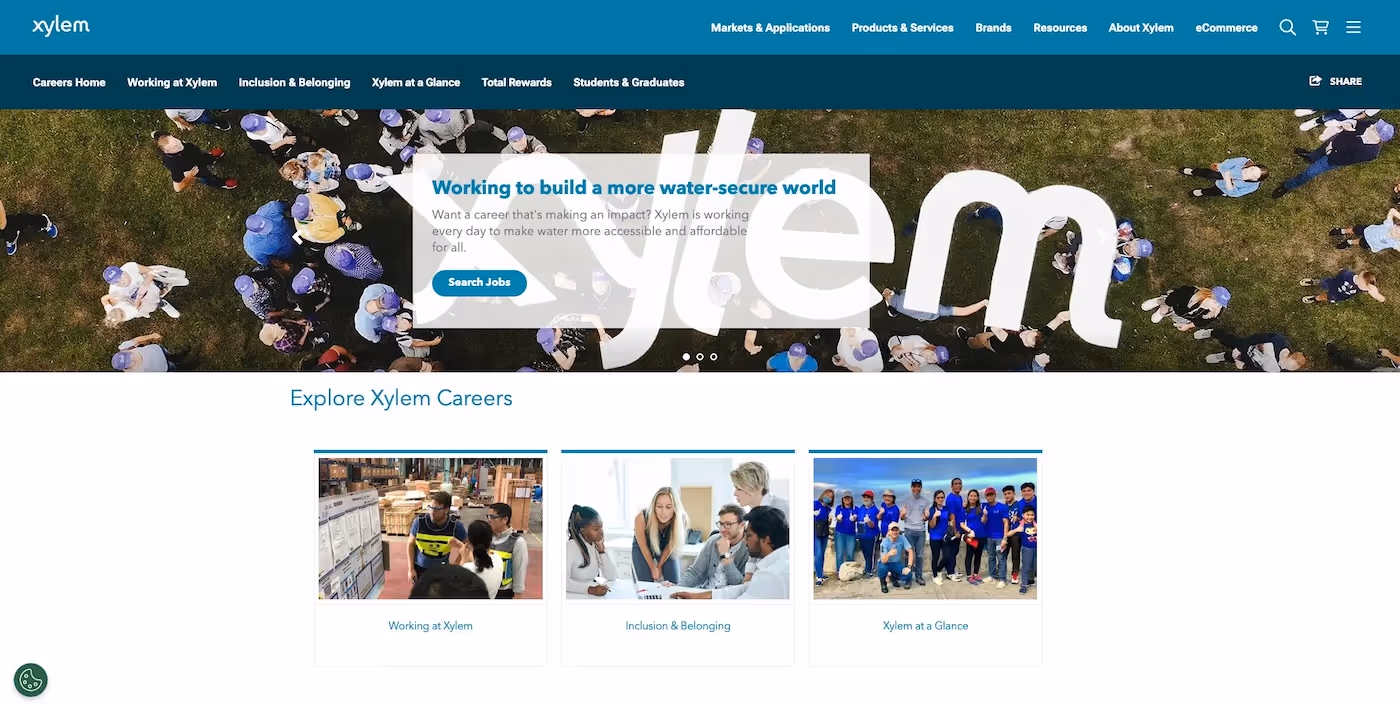 Screenshot of the official career page of Xylem