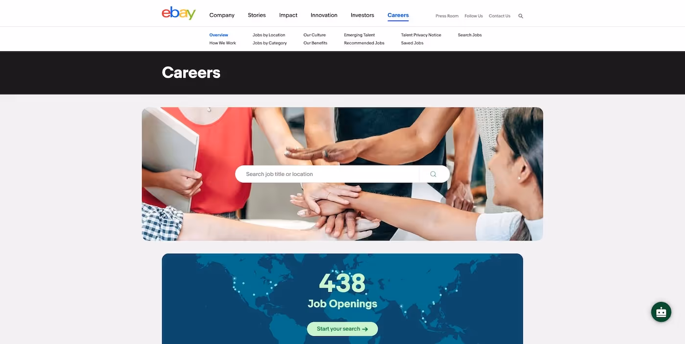 Screenshot of the official career page of eBay