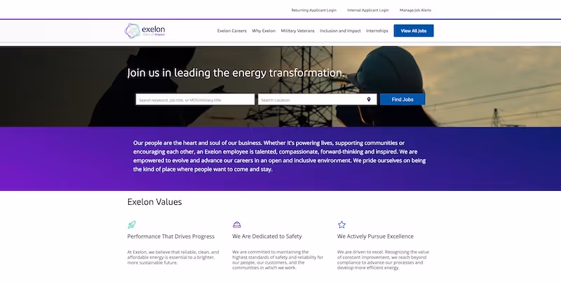 Screenshot of the official career page of Exelon