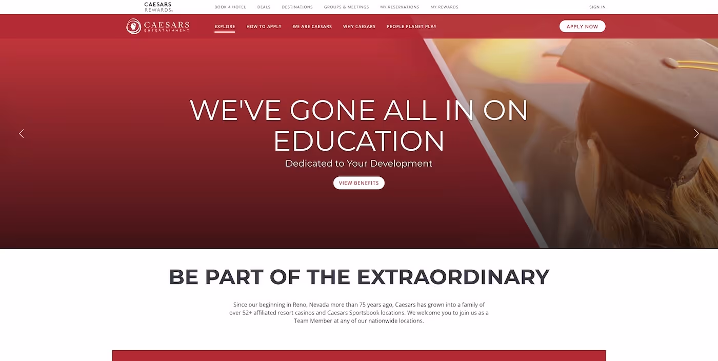 Screenshot of the official career page of Caesars Entertainment