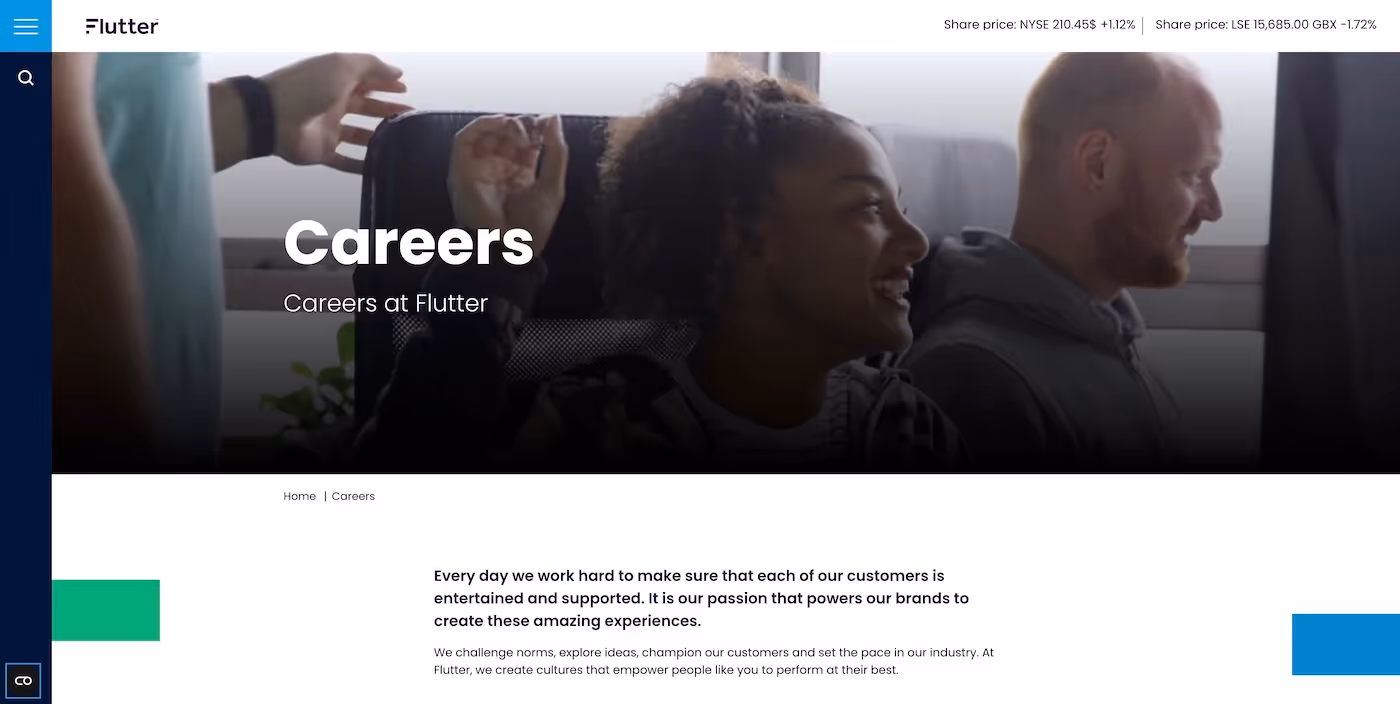 Screenshot of the official career page of Flutter Entertainment