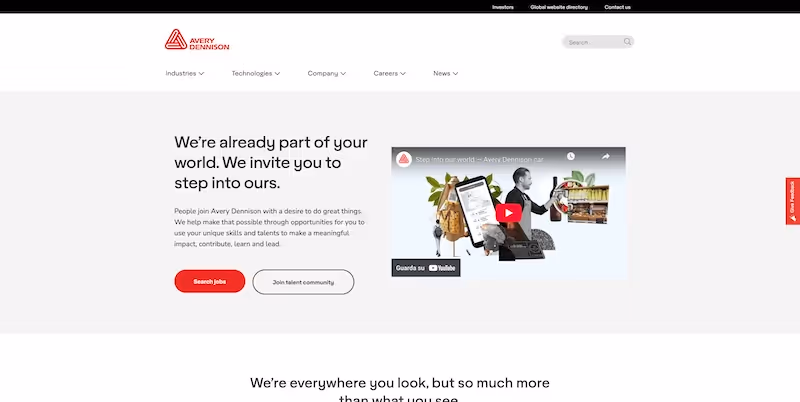 Screenshot of the official career page of Avery Dennison