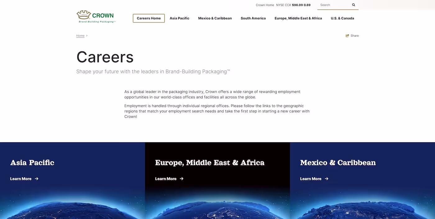 Screenshot of the official career page of Crown Holdings