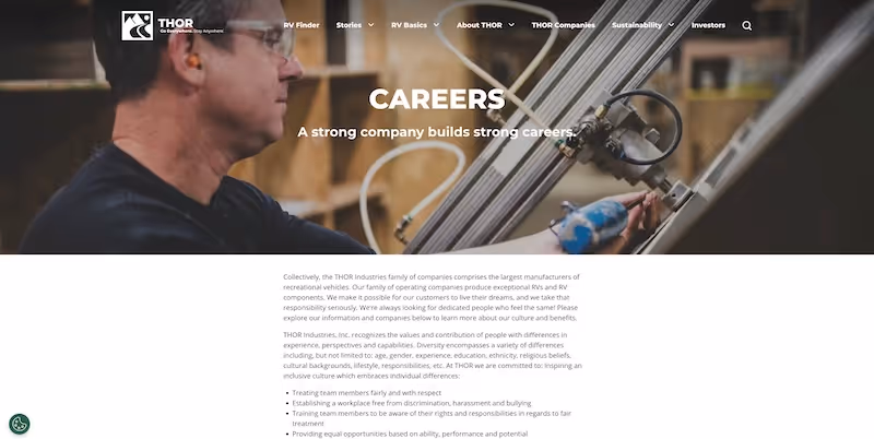 Screenshot of the official career page of Thor Industries