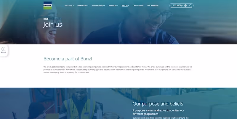Screenshot of the official career page of Bunzl