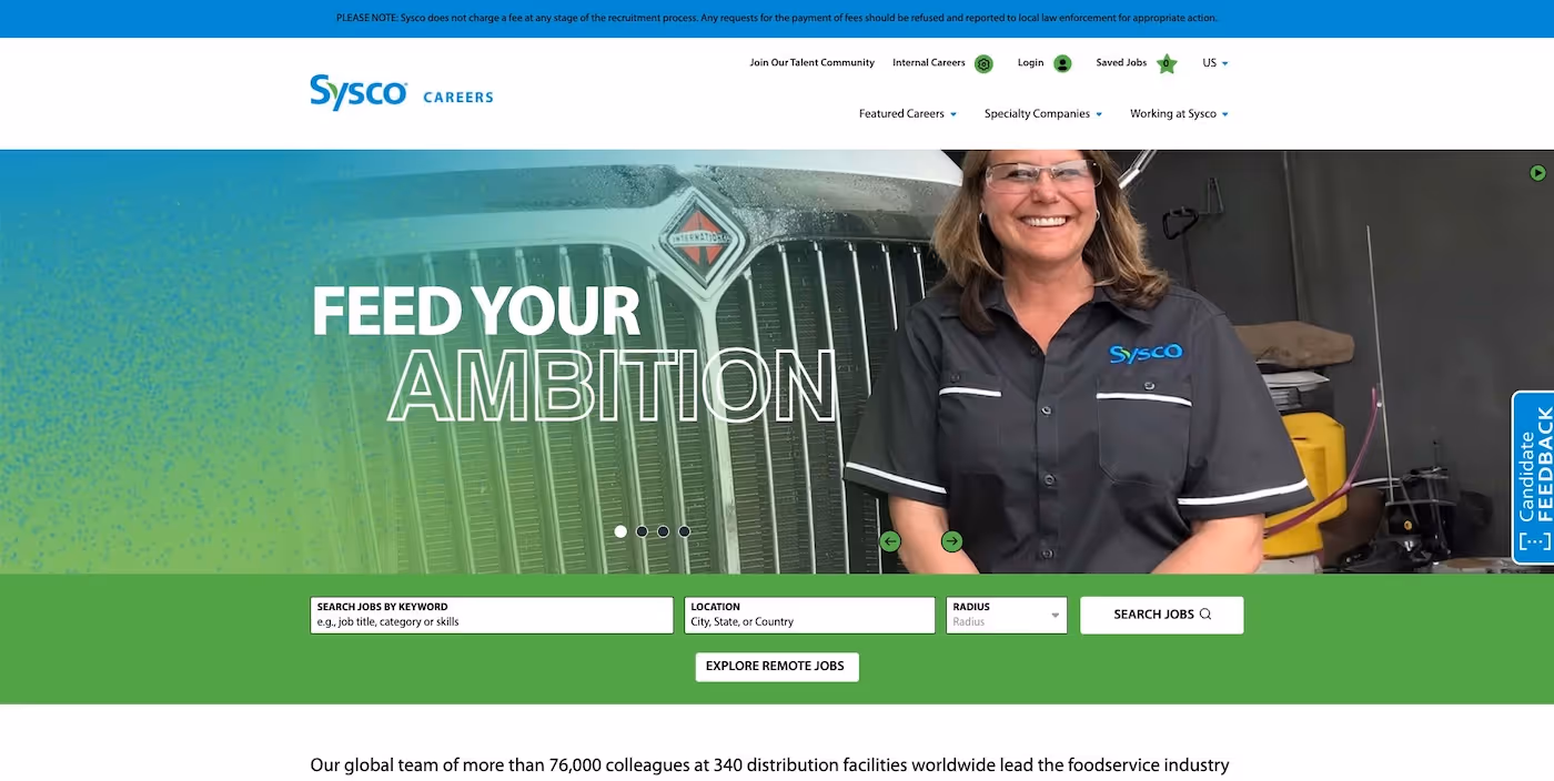 Screenshot of the official career page of Sysco