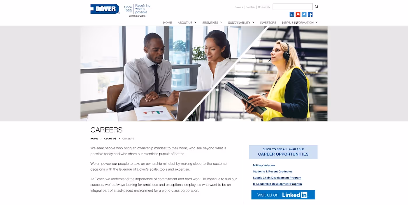 Screenshot of the official career page of Dover