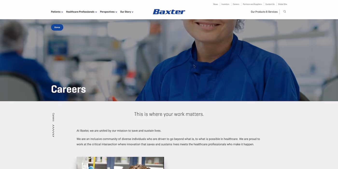 Screenshot of the official career page of Baxter