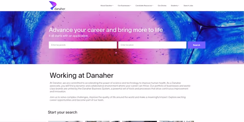 Screenshot of the official career page of Danaher