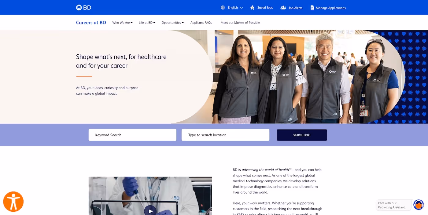 Screenshot of the official career page of Becton Dickinson