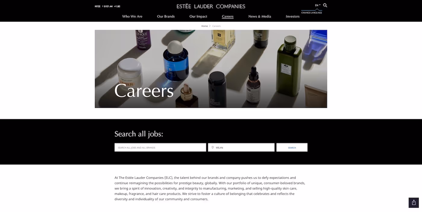 Screenshot of the official career page of Estee Lauder