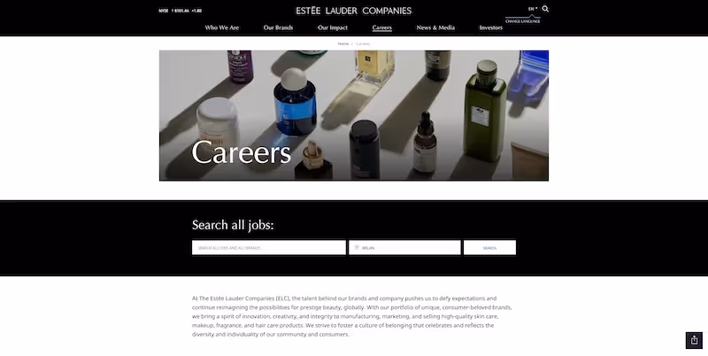 Screenshot of the official career page of Estee Lauder