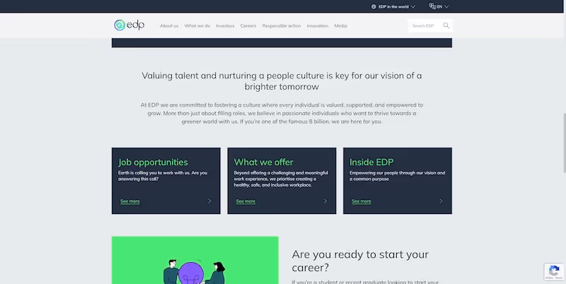 Screenshot of the official career page of EDP