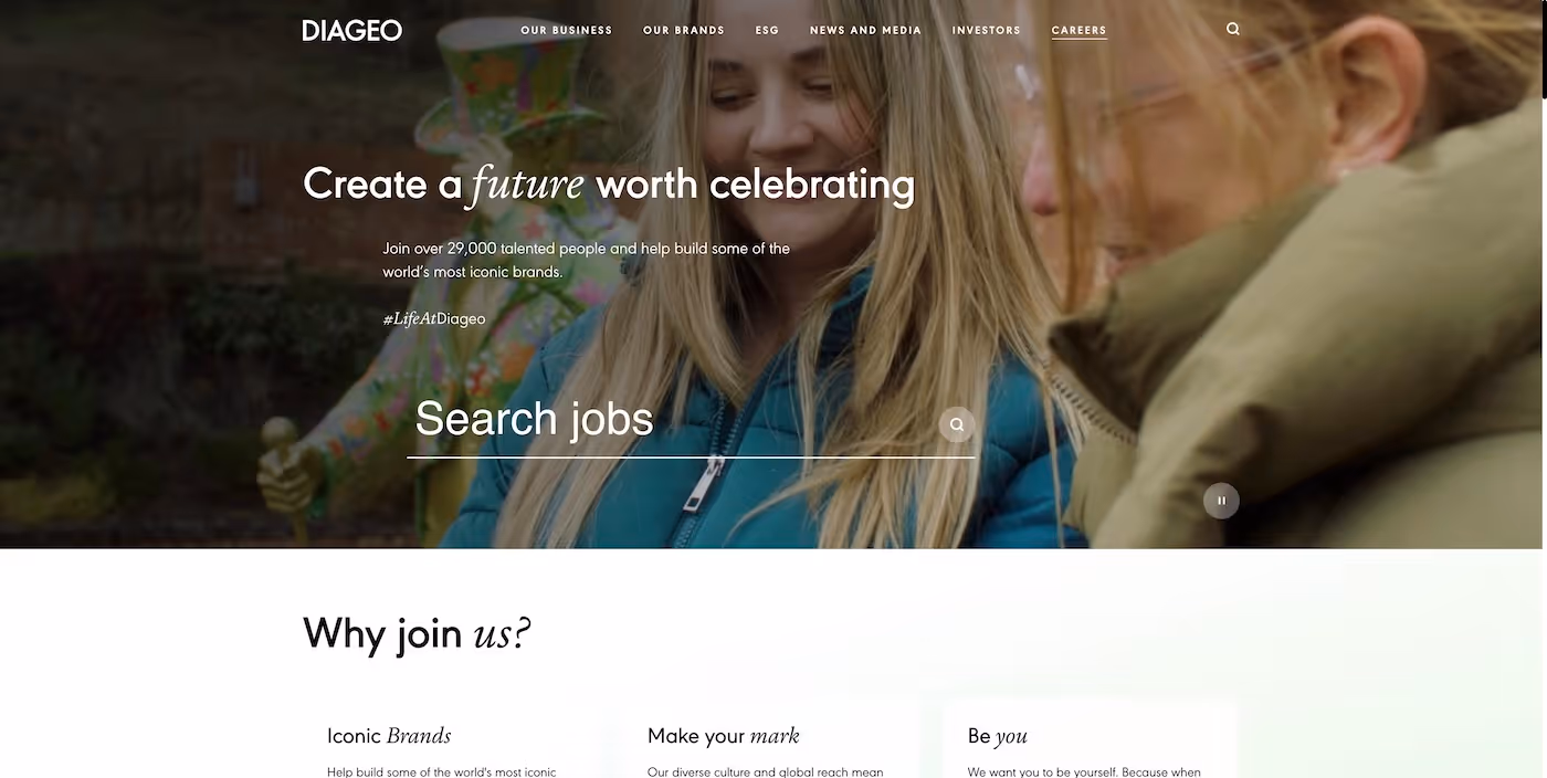 Screenshot of the official career page of Diageo