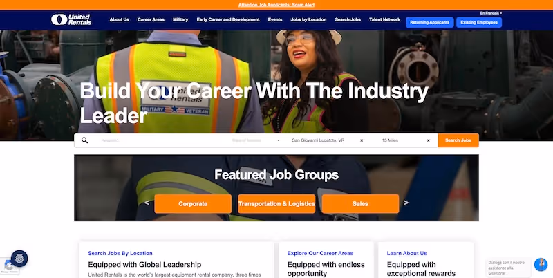 Screenshot of the official career page of United Rentals