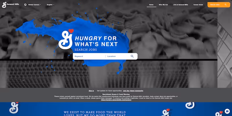 Screenshot of the official career page of General Mills