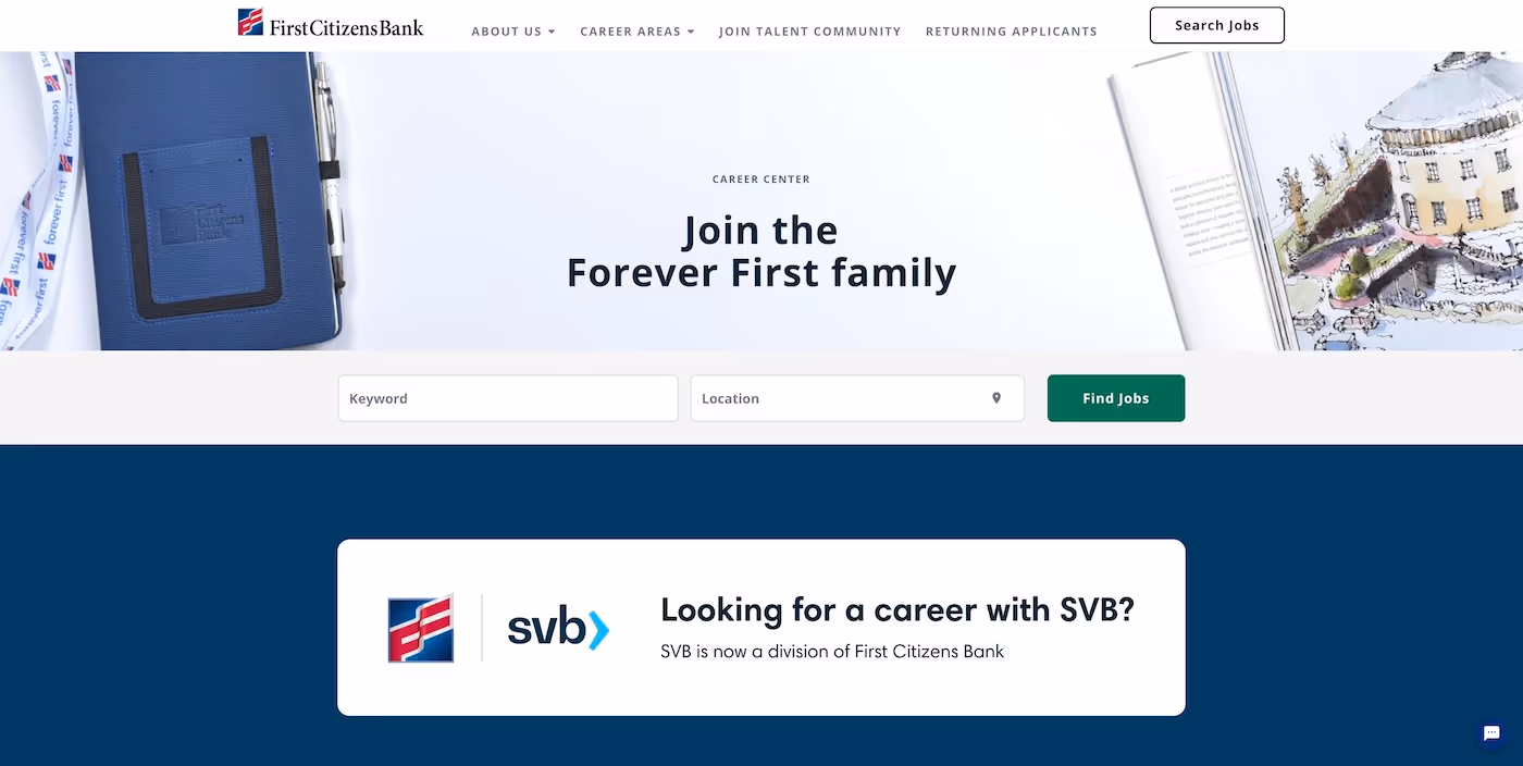 Screenshot of the official career page of First Citizens Bank