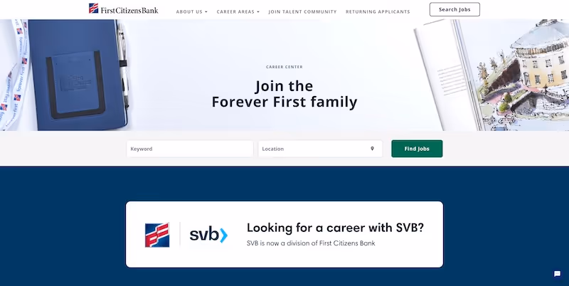 Screenshot of the official career page of First Citizens Bank