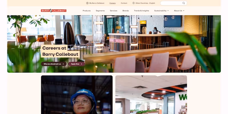 Screenshot of the official career page of Barry Callebaut