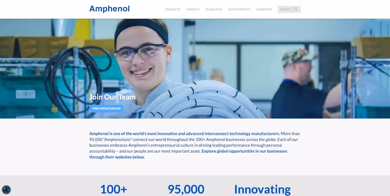 Screenshot of the official career page of Amphenol