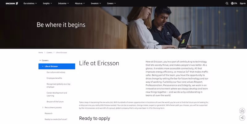 Screenshot of the official career page of Ericsson