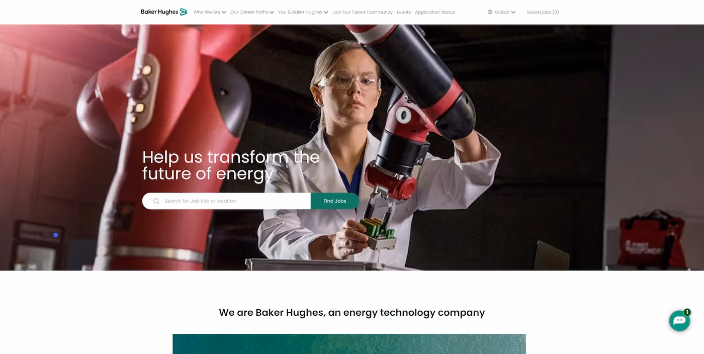 Screenshot of the official career page of Baker Hughes