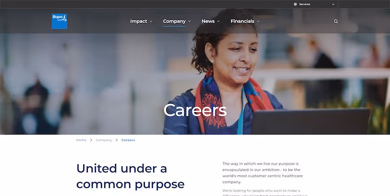 Screenshot of the official career page of Bupa