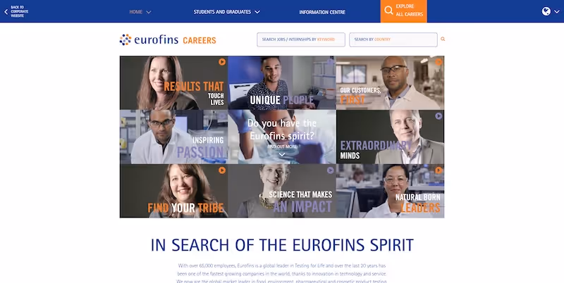 Screenshot of the official career page of Eurofins Scientific