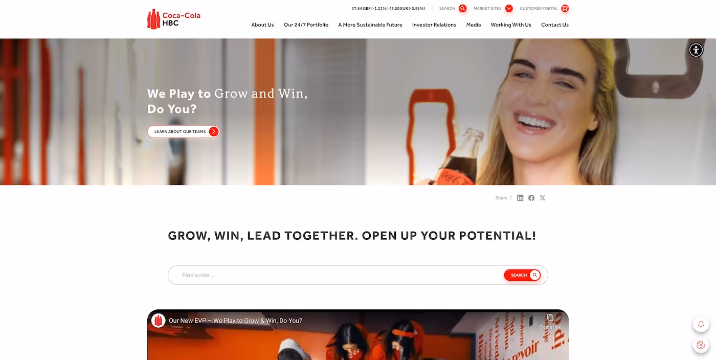 Screenshot of the official career page of Coca-Cola HBC