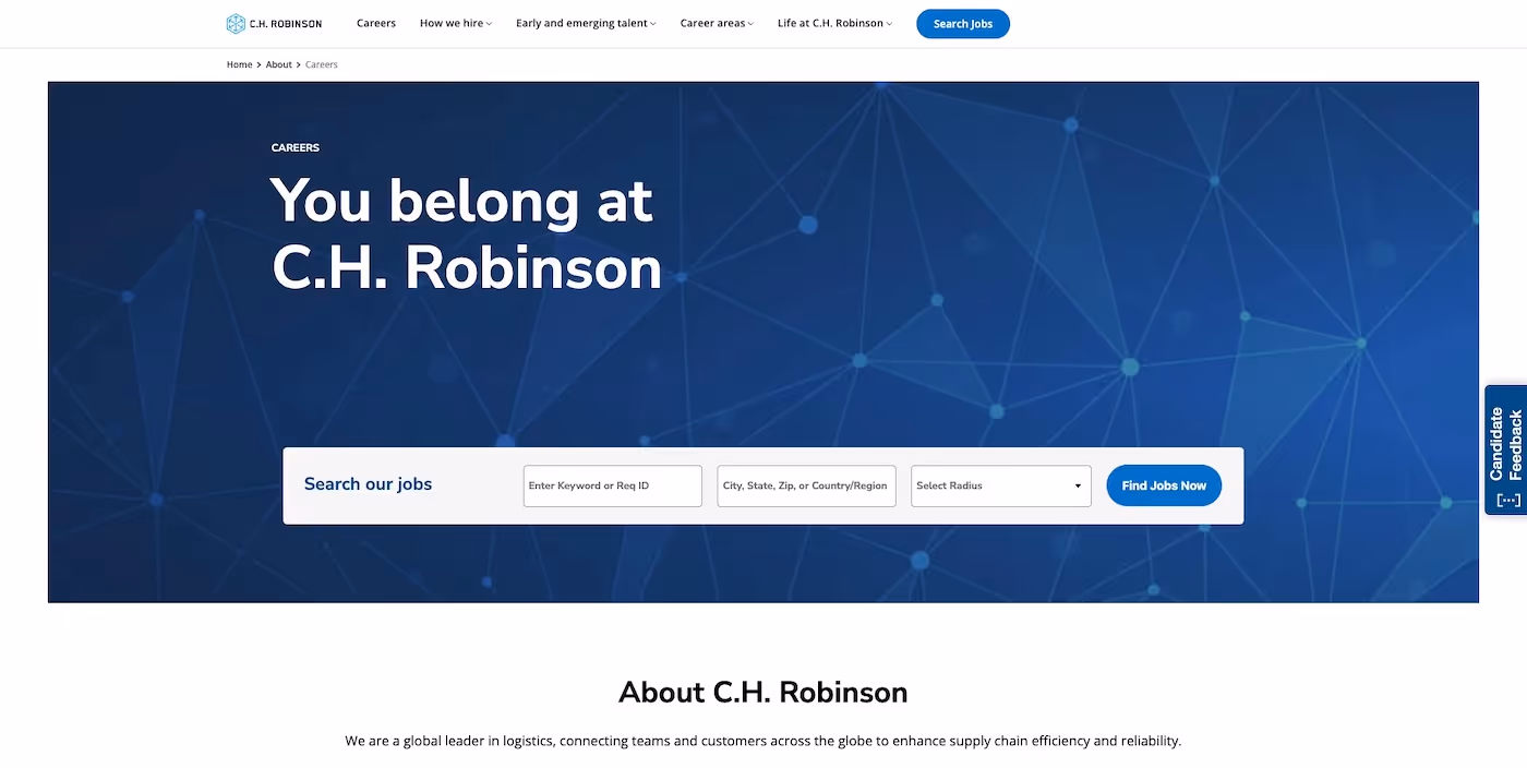 Screenshot of the official career page of C.H. Robinson