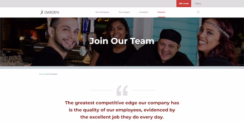 Screenshot of the official career page of Darden Restaurants
