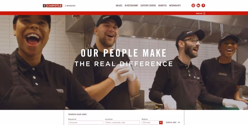 Screenshot of the official career page of Chipotle Mexican Grill