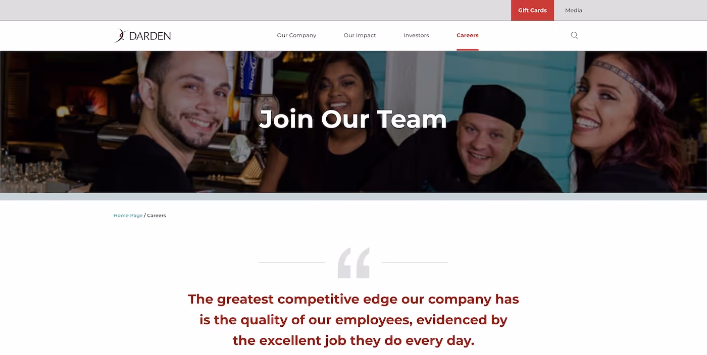 Screenshot of the official career page of Darden Restaurants