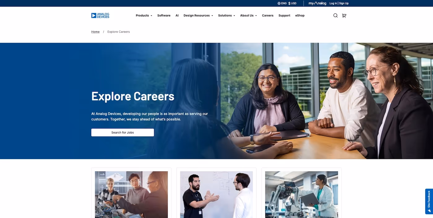 Screenshot of the official career page of Analog Devices