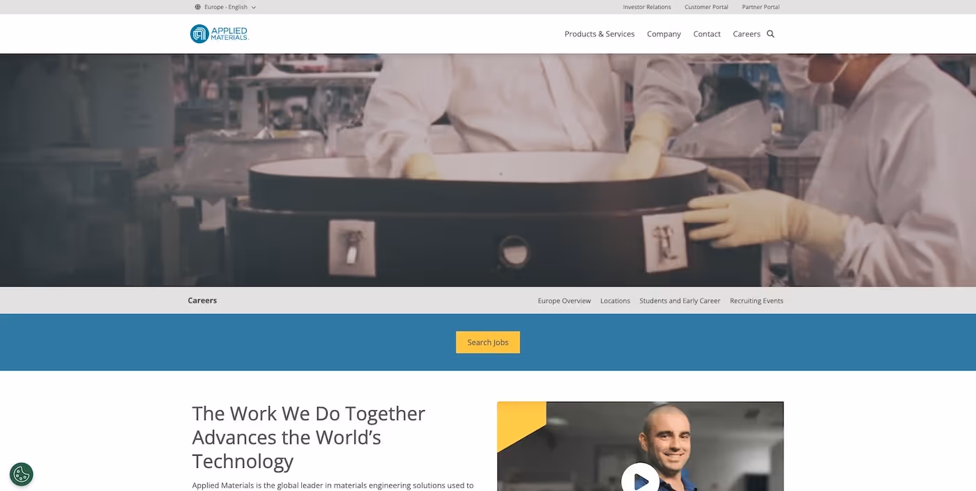 Screenshot of the official career page of Applied Materials